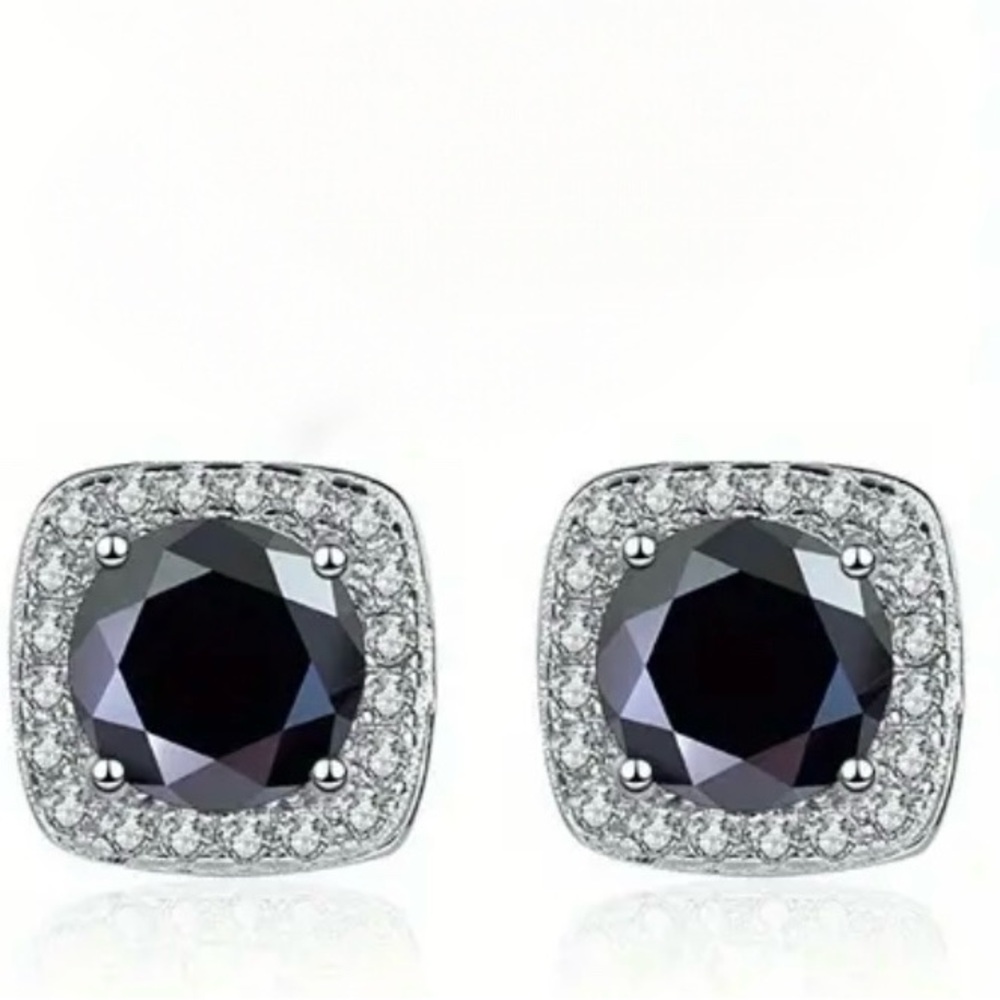 Classic Black Stone Halo Stud Earrings - Elegant Women's Jewelry